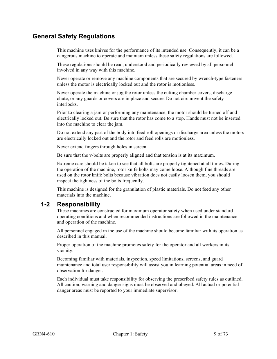 General safety regulations, 2 responsibility | Sterlco SPS Series Pipe Shredder User Manual | Page 9 / 73