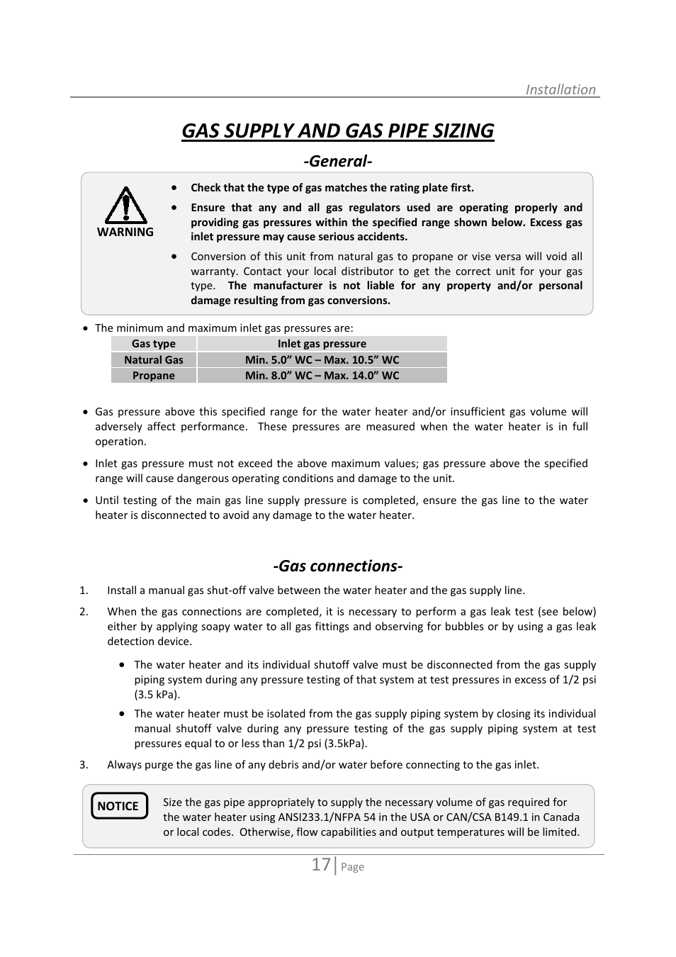 Gas supply and gas pipe sizing, General, Gas connections | State GTS-110-NI User Manual | Page 17 / 52