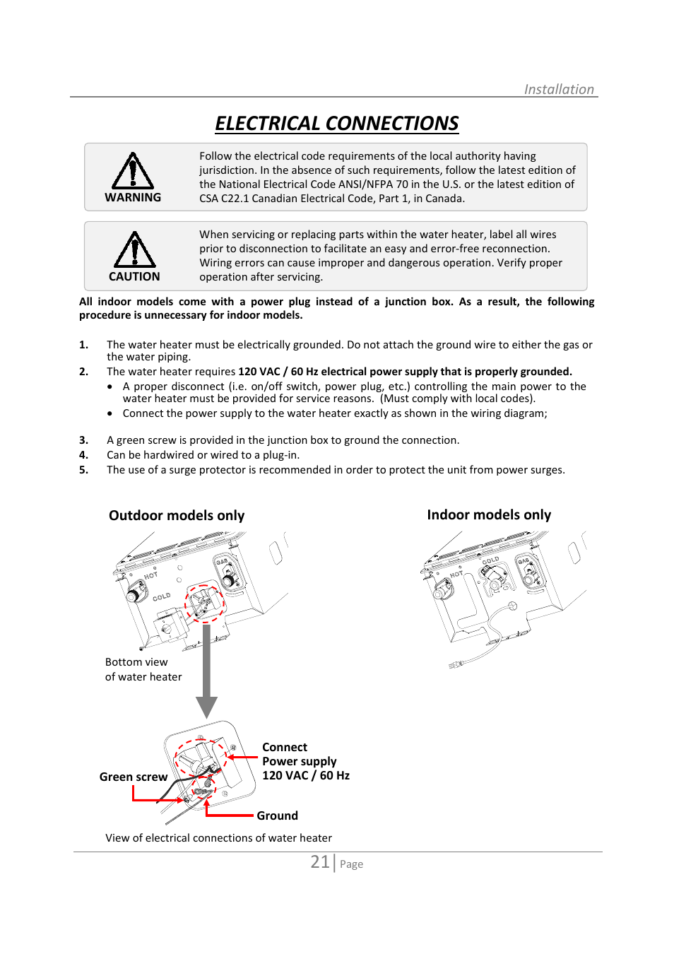 Electrical connections, Installation, Outdoor models only | Indoor models only | State GTS-110-NI User Manual | Page 21 / 52