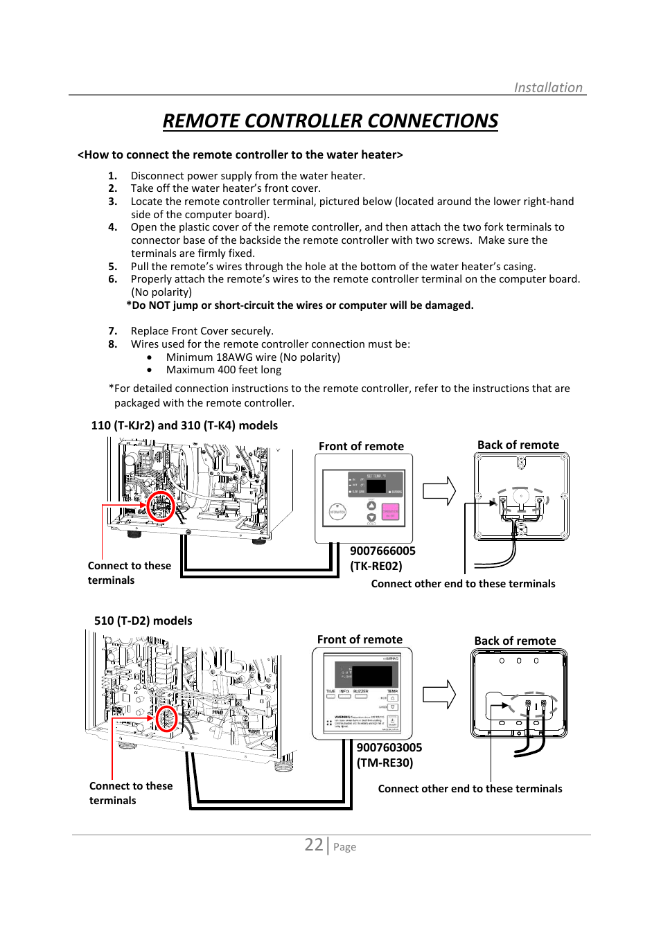 Remote controller connections, Installation | State GTS-110-NI User Manual | Page 22 / 52