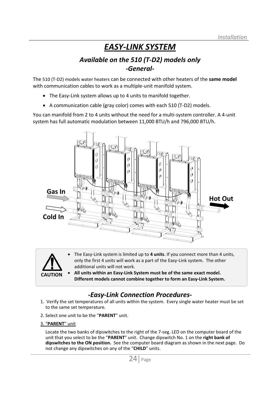 Easy‐link system, Available on the 510 (t‐d2) models only ‐general, Easy‐link connection procedures | Hot out cold in gas in | State GTS-110-NI User Manual | Page 24 / 52