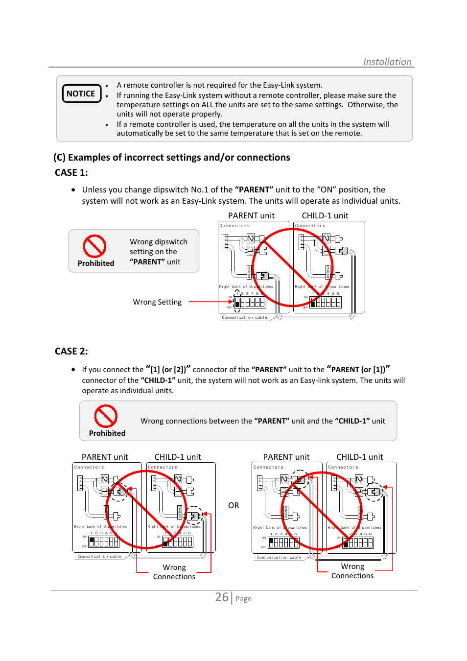 Installation, Case 1, Case 2 | Notice, Parent unit child‐1 unit, Page, If you connect the, 1] (or [2]), Connector of the “parent” unit to the, Parent (or [1]) | State GTS-110-NI User Manual | Page 26 / 52