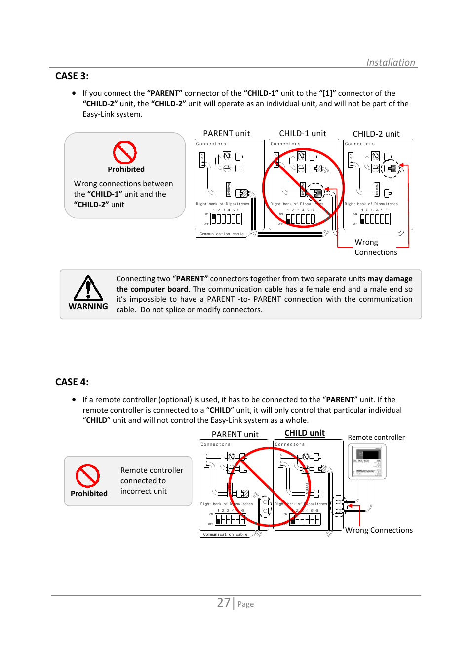 Installation, Case 3, Case 4 | Warning, Parent unit child unit, Parent unit child‐1 unit child‐2 unit, Page, Prohibited, Prohibited wrong connections, Wrong connections | State GTS-110-NI User Manual | Page 27 / 52