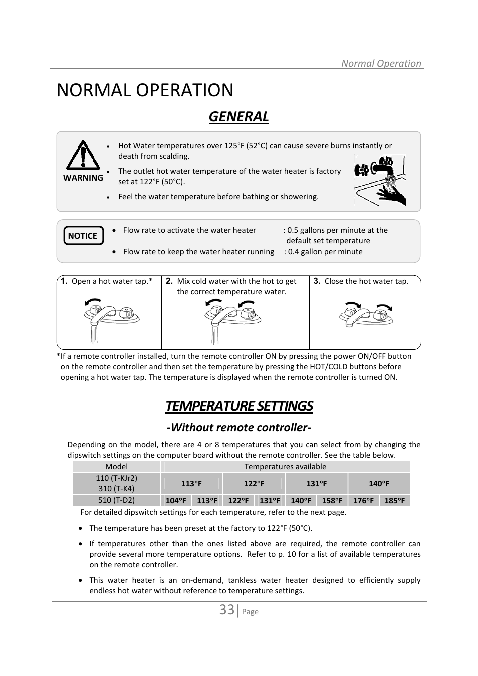 Normal operation, General, Temperature settings | Without remote controller | State GTS-110-NI User Manual | Page 33 / 52