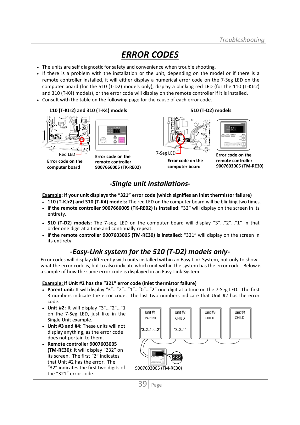 Error codes, Single unit installations, Easy‐link system for the 510 (t‐d2) models only | Troubleshooting | State GTS-110-NI User Manual | Page 39 / 52