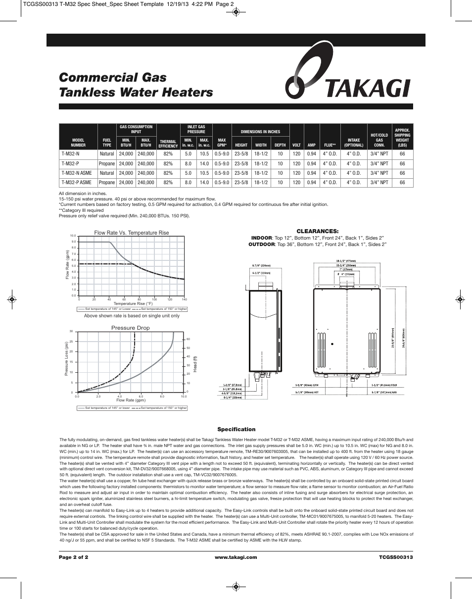 Commercial gas tankless water heaters | Takagi T-M32 User Manual | Page 2 / 2