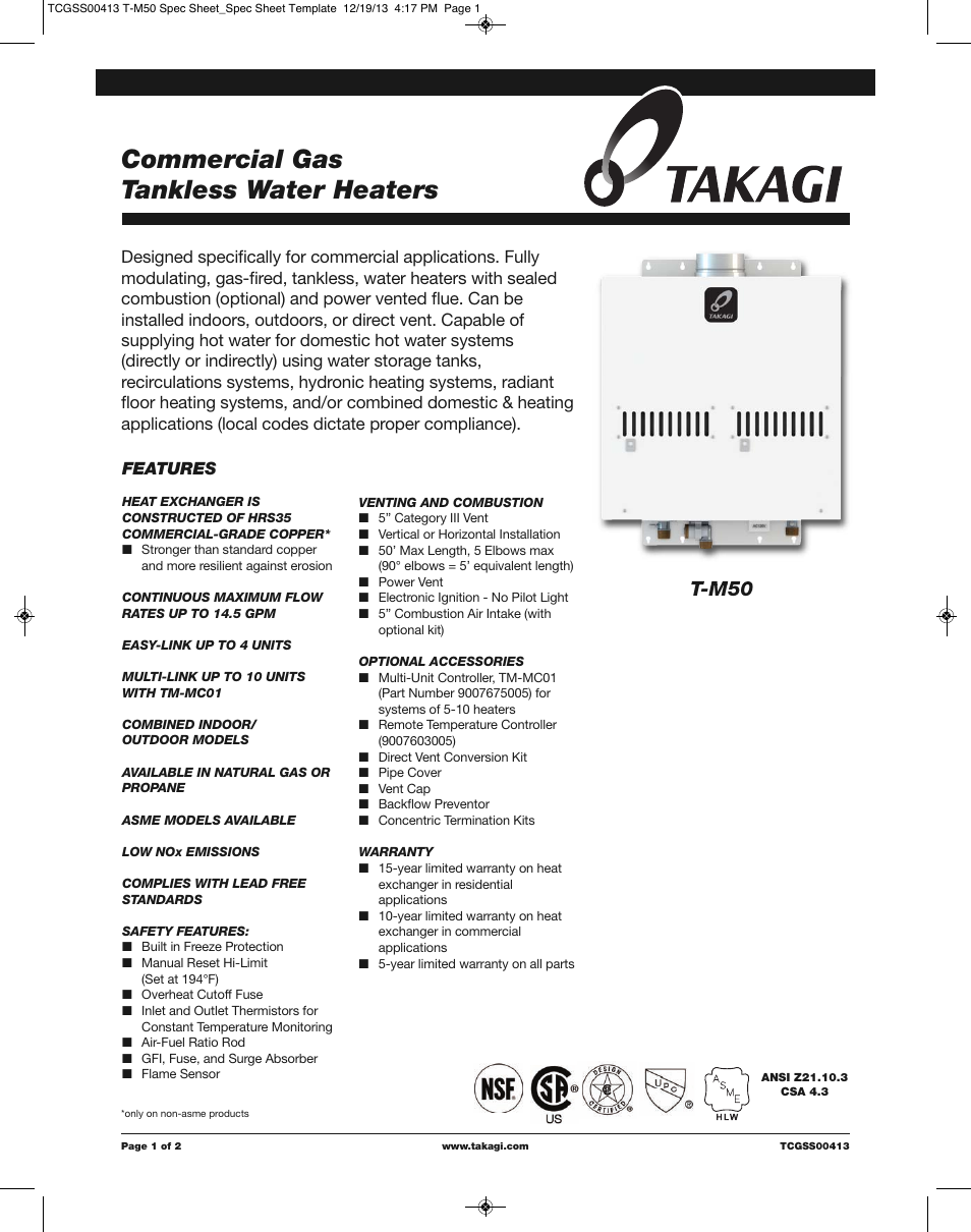 Takagi T-M50 User Manual | 2 pages