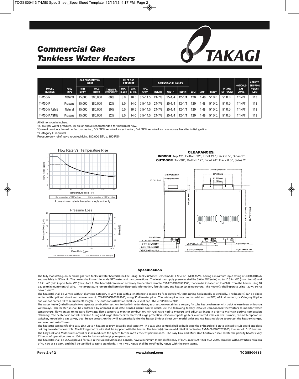Commercial gas tankless water heaters, Flow rate vs. temperature rise | Takagi T-M50 User Manual | Page 2 / 2