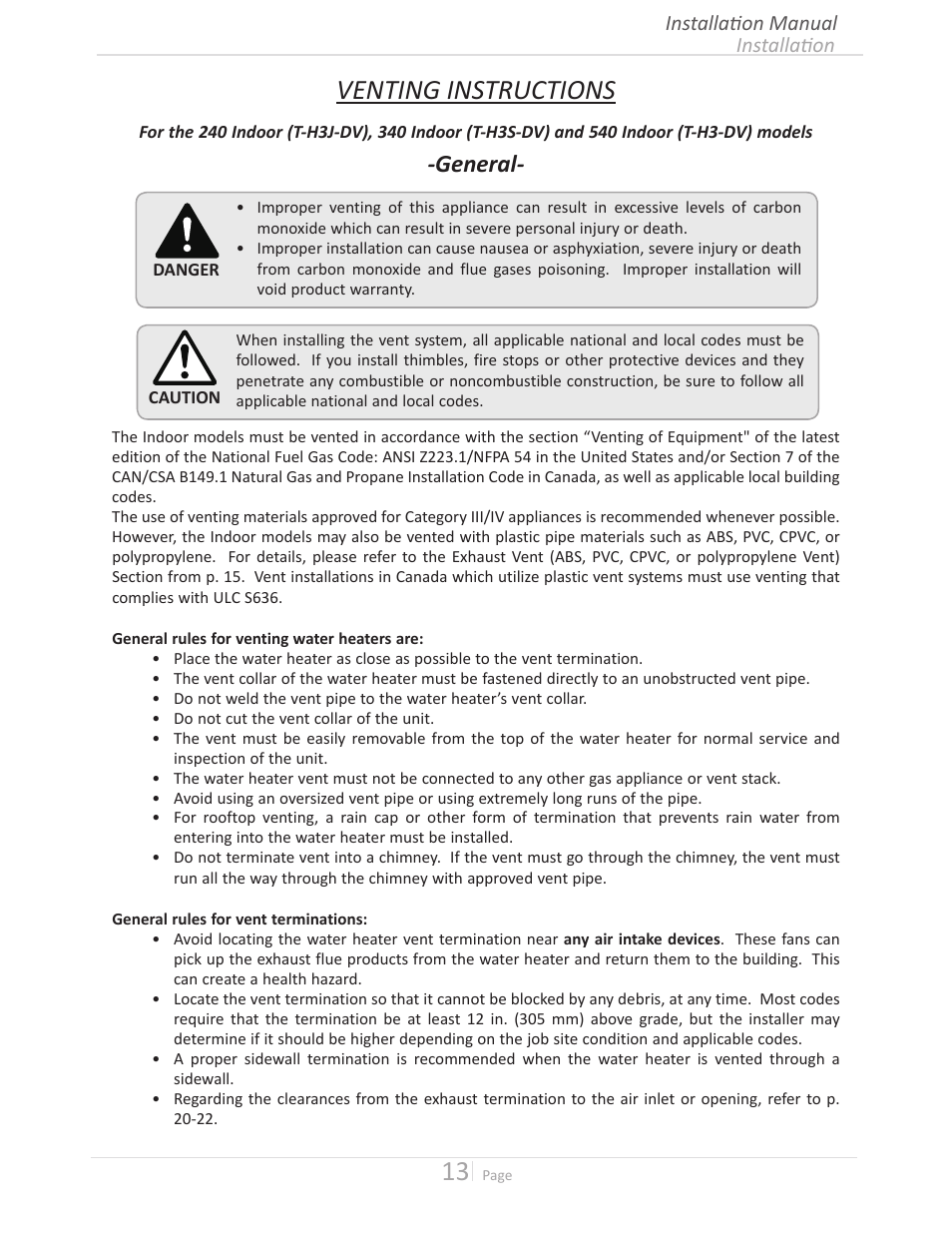 Venting instructions, General | State GTS-240-NIH User Manual | Page 13 / 64