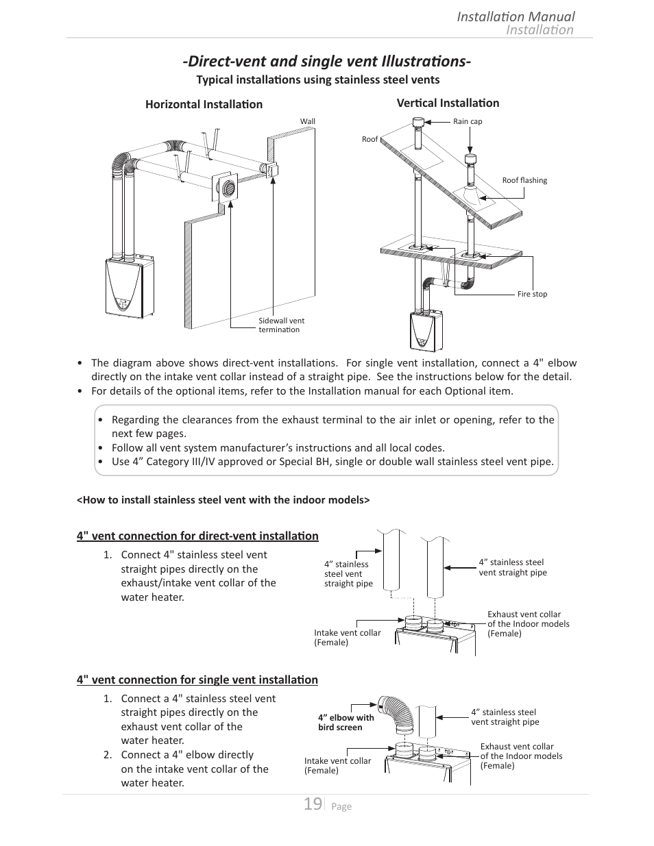 Direct-vent and single vent illustrations, Installation installation manual | State GTS-240-NIH User Manual | Page 19 / 64