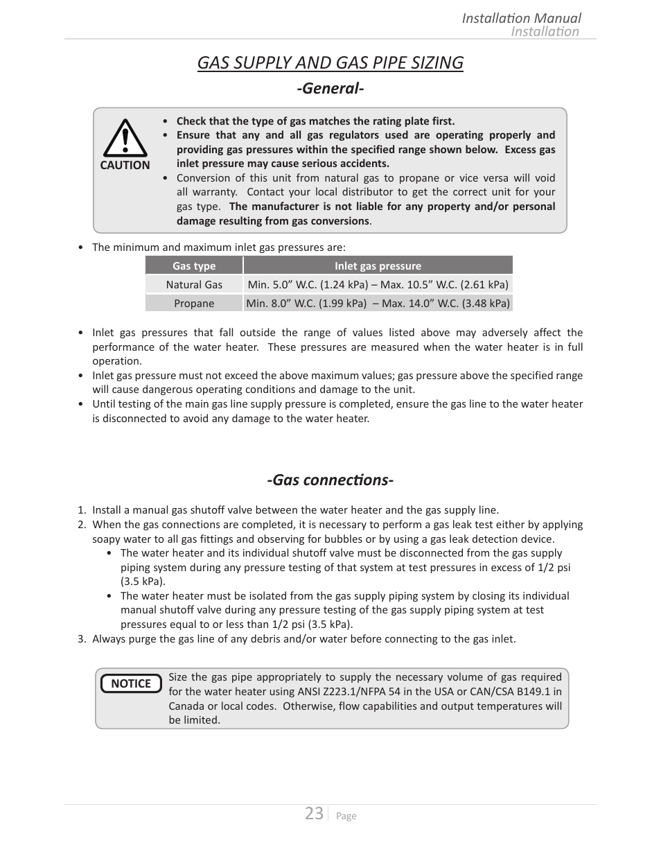Gas supply and gas pipe sizing, General, Gas connections | State GTS-240-NIH User Manual | Page 23 / 64