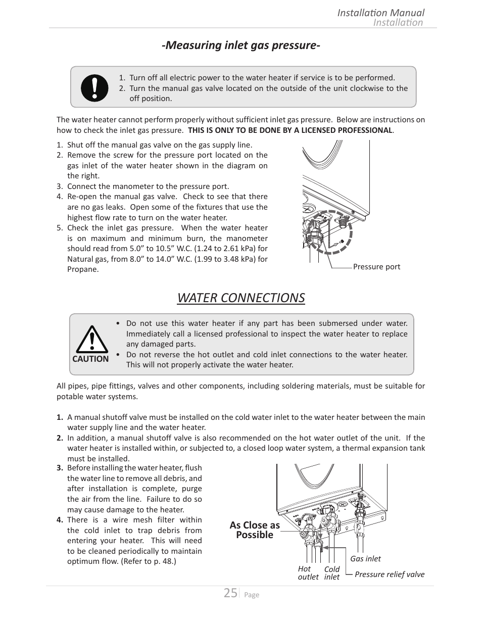 Water connections, Measuring inlet gas pressure | State GTS-240-NIH User Manual | Page 25 / 64