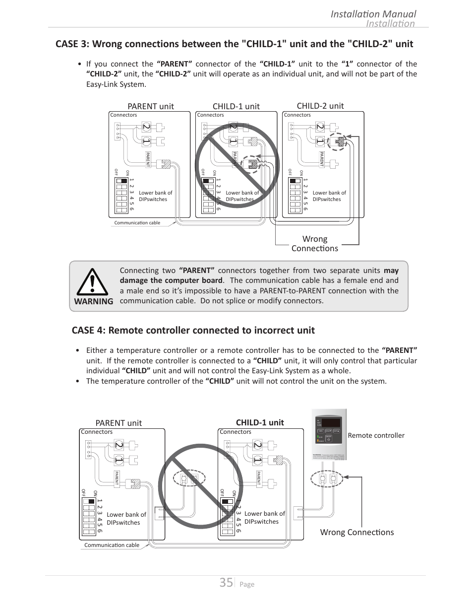 Installati on installati on manual, Warning, Parent unit child-1 unit | Wrong connecti ons | State GTS-240-NIH User Manual | Page 35 / 64