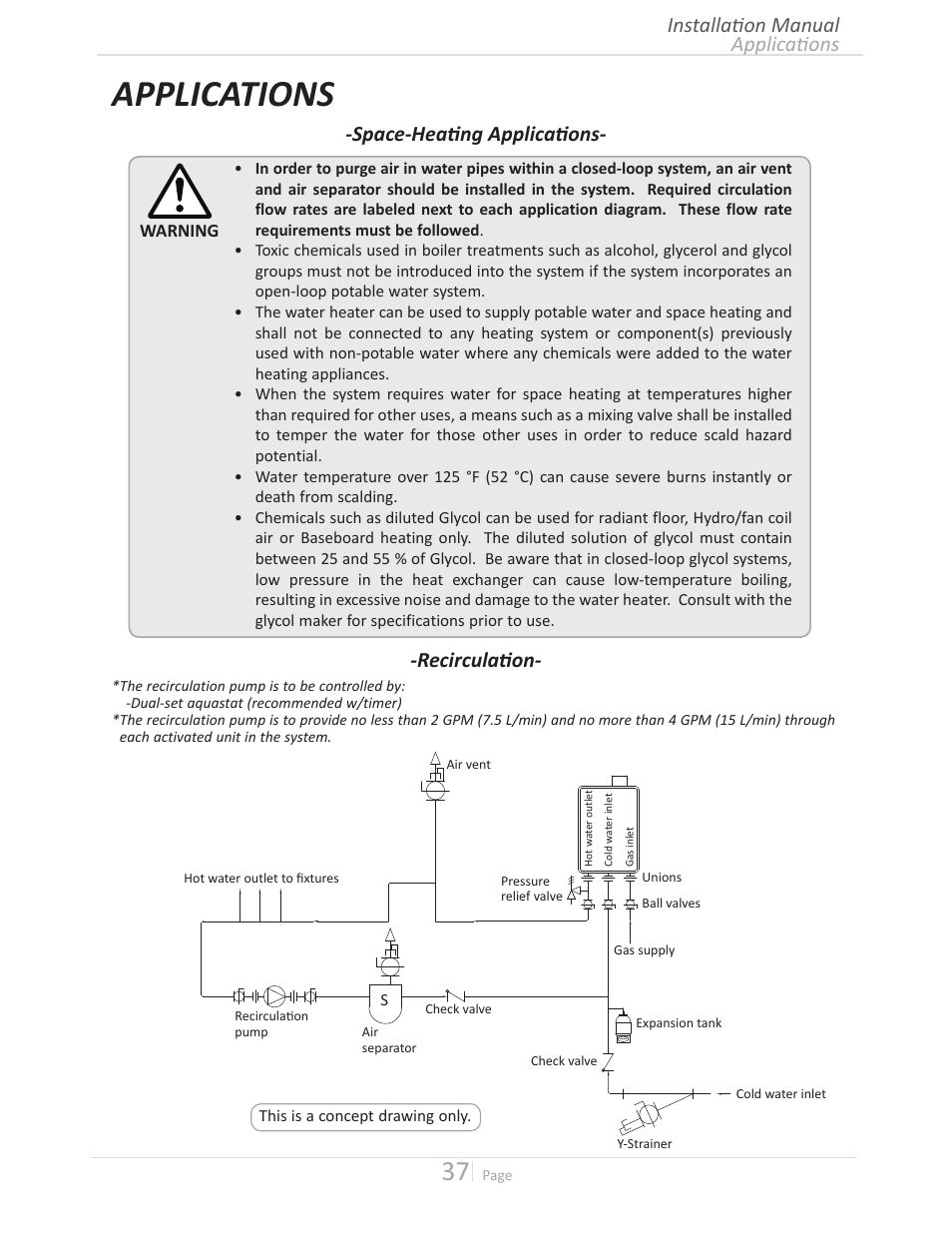 Applications, Space-heating applications- -recirculation, Applications installation manual | State GTS-240-NIH User Manual | Page 37 / 64