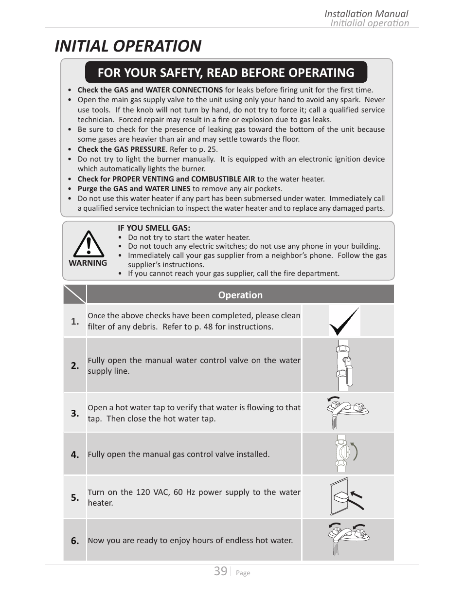 Initial operation, For your safety, read before operating | State GTS-240-NIH User Manual | Page 39 / 64