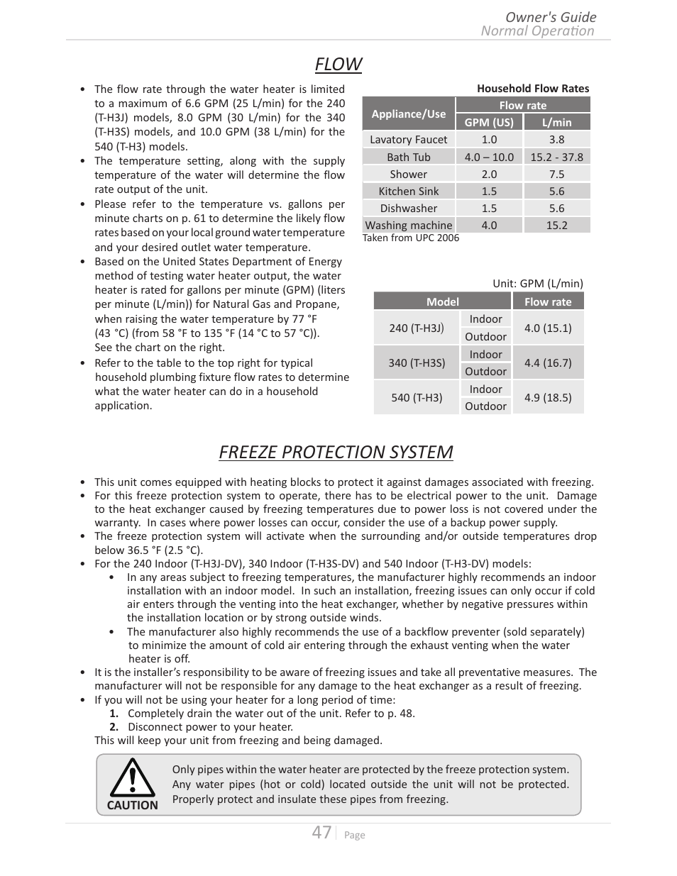 Flow, Freeze protection system, Normal operation owner's guide | State GTS-240-NIH User Manual | Page 47 / 64