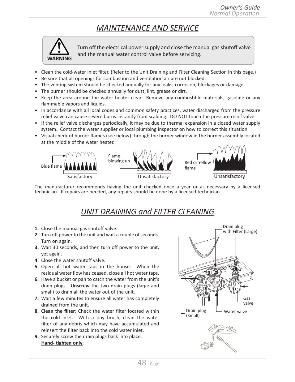 Maintenance and service, Unit draining and filter cleaning, Normal operation owner's guide | State GTS-240-NIH User Manual | Page 48 / 64