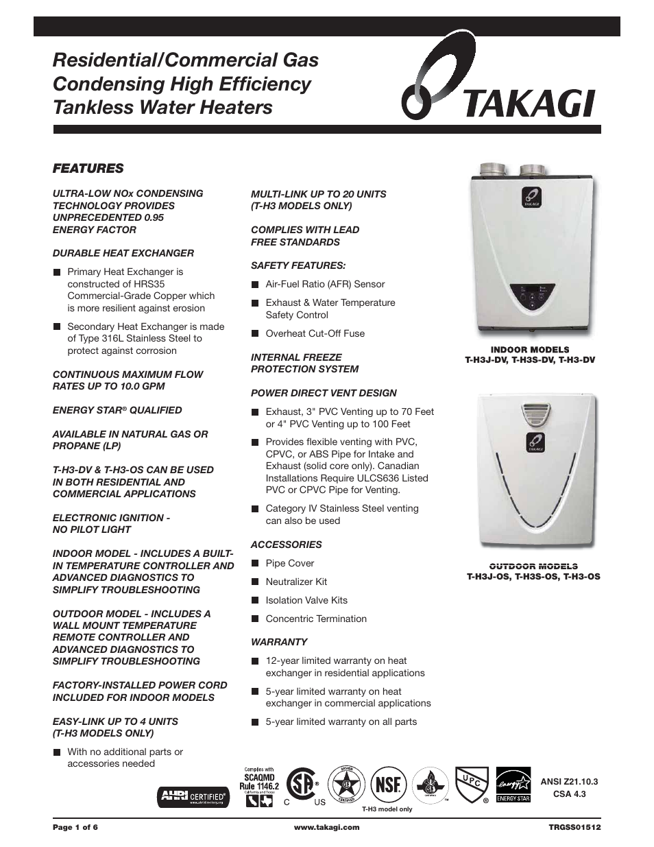 Takagi T-H3J-DV/OS User Manual | 6 pages