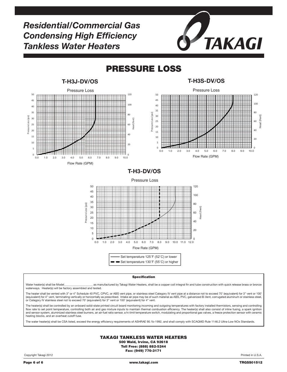 Pressure loss, T-h3j-dv/os t-h3s-dv/os, T-h3-dv/os | Takagi tankless water heaters, 3uhvvxuh /rvv | Takagi T-H3J-DV/OS User Manual | Page 6 / 6