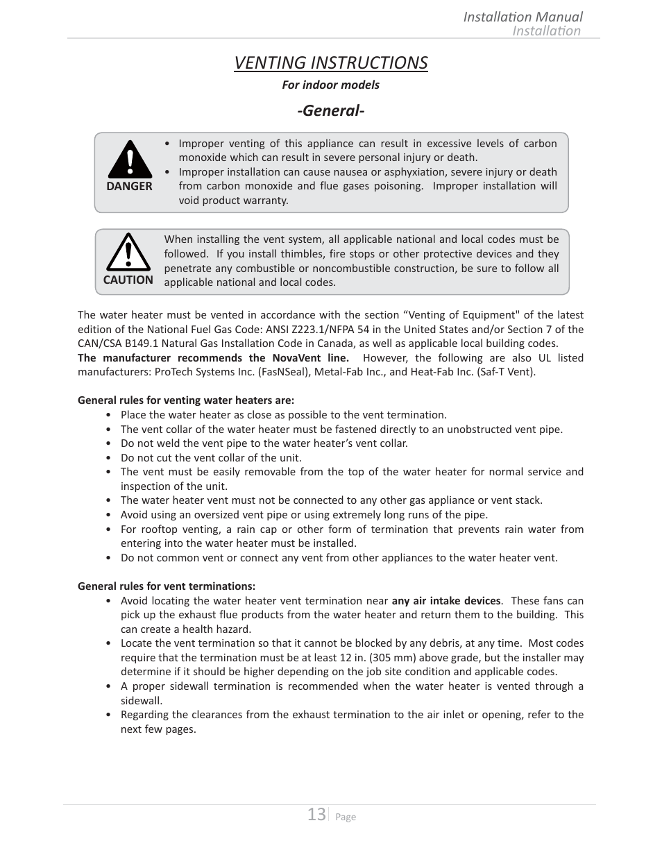 Venting instructions, General | Takagi T-D2U User Manual | Page 13 / 56