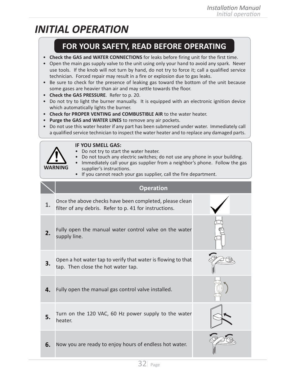 Initial operation, For your safety, read before operating | Takagi T-D2U User Manual | Page 32 / 56