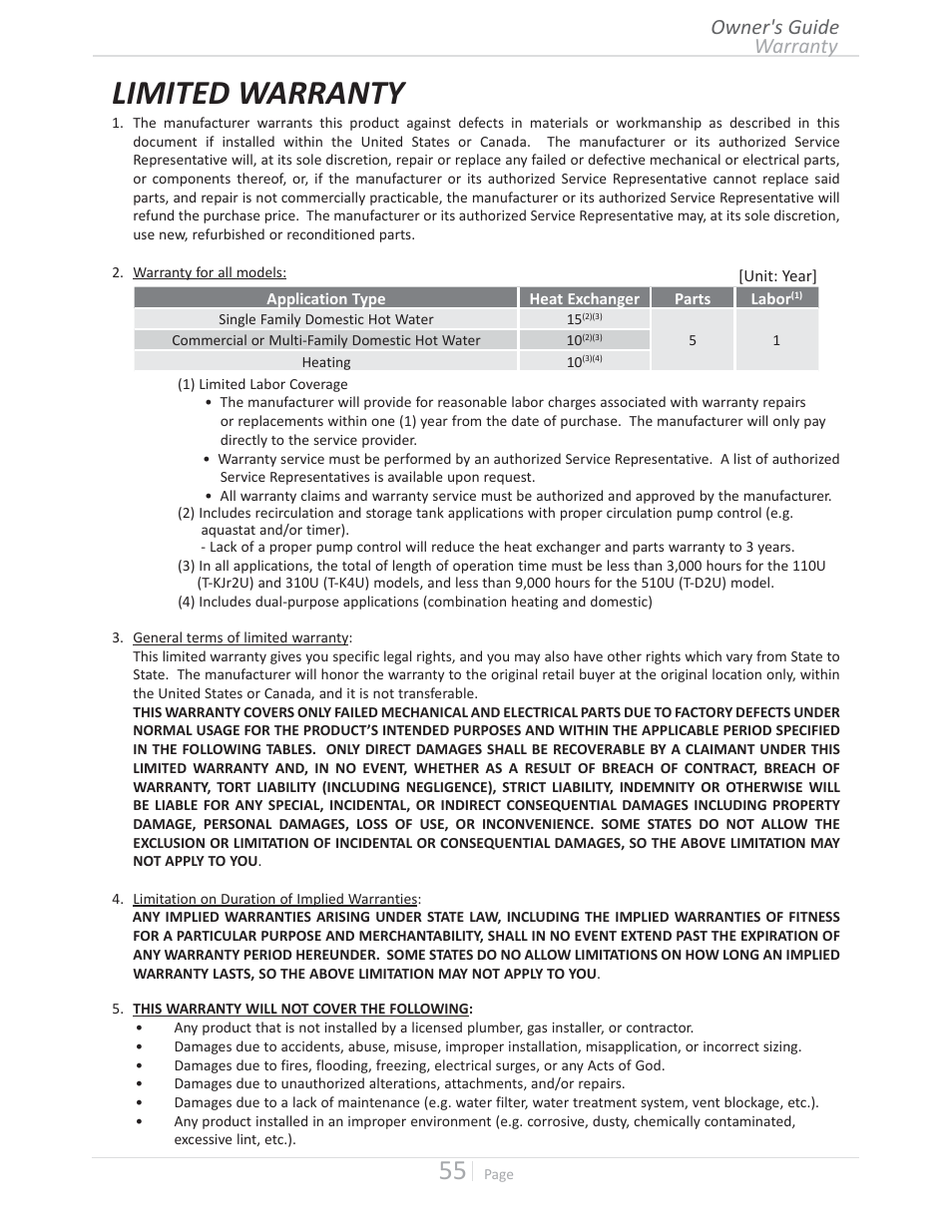 Limited warranty, Warranty owner's guide | Takagi T-D2U User Manual | Page 55 / 56