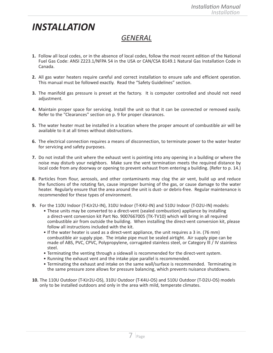 Installation, General | Takagi T-D2U User Manual | Page 7 / 56