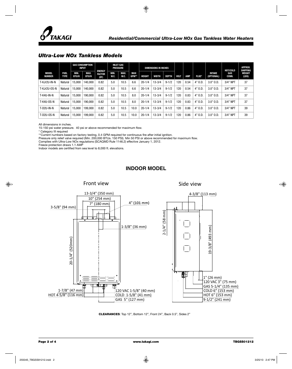 Side view front view, Ultra-low nox tankless models indoor model | Takagi T-D2U User Manual | Page 2 / 4