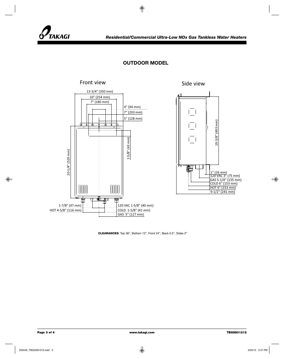 Side view front view, Outdoor model | Takagi T-D2U User Manual | Page 3 / 4