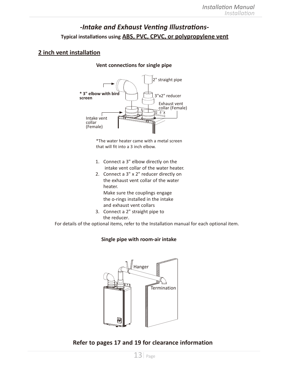 Intake and exhaust venting illustrations, Installation installation manual, Refer to pages 17 and 19 for clearance information | Takagi T-H3M-IN/OS User Manual | Page 13 / 56