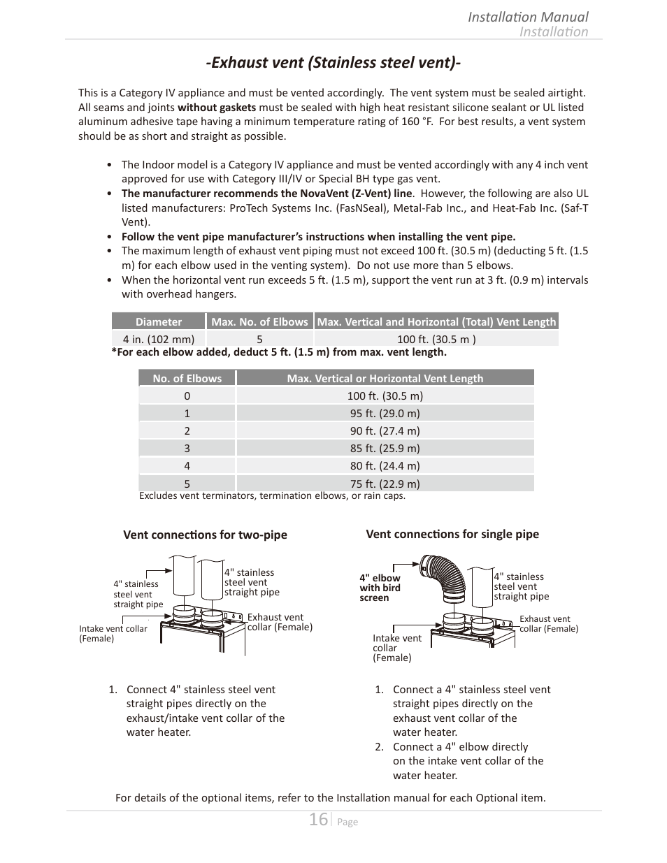 Exhaust vent (stainless steel vent), Installation installation manual | Takagi T-H3M-IN/OS User Manual | Page 16 / 56