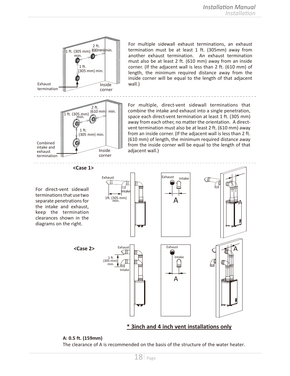 Installation installation manual, 3inch and 4 inch vent installations only | Takagi T-H3M-IN/OS User Manual | Page 18 / 56