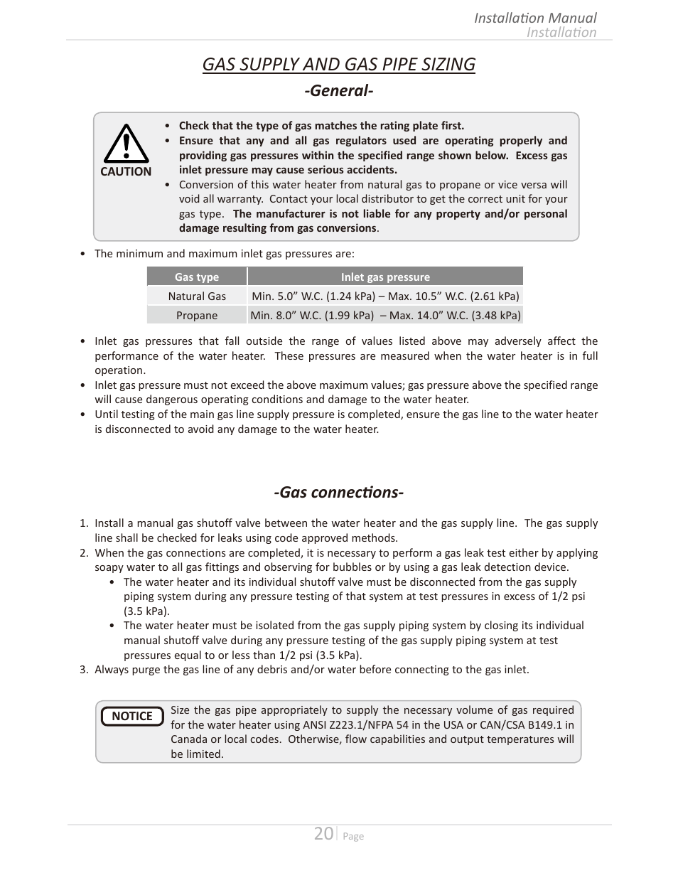 Gas supply and gas pipe sizing, General, Gas connections | Takagi T-H3M-IN/OS User Manual | Page 20 / 56