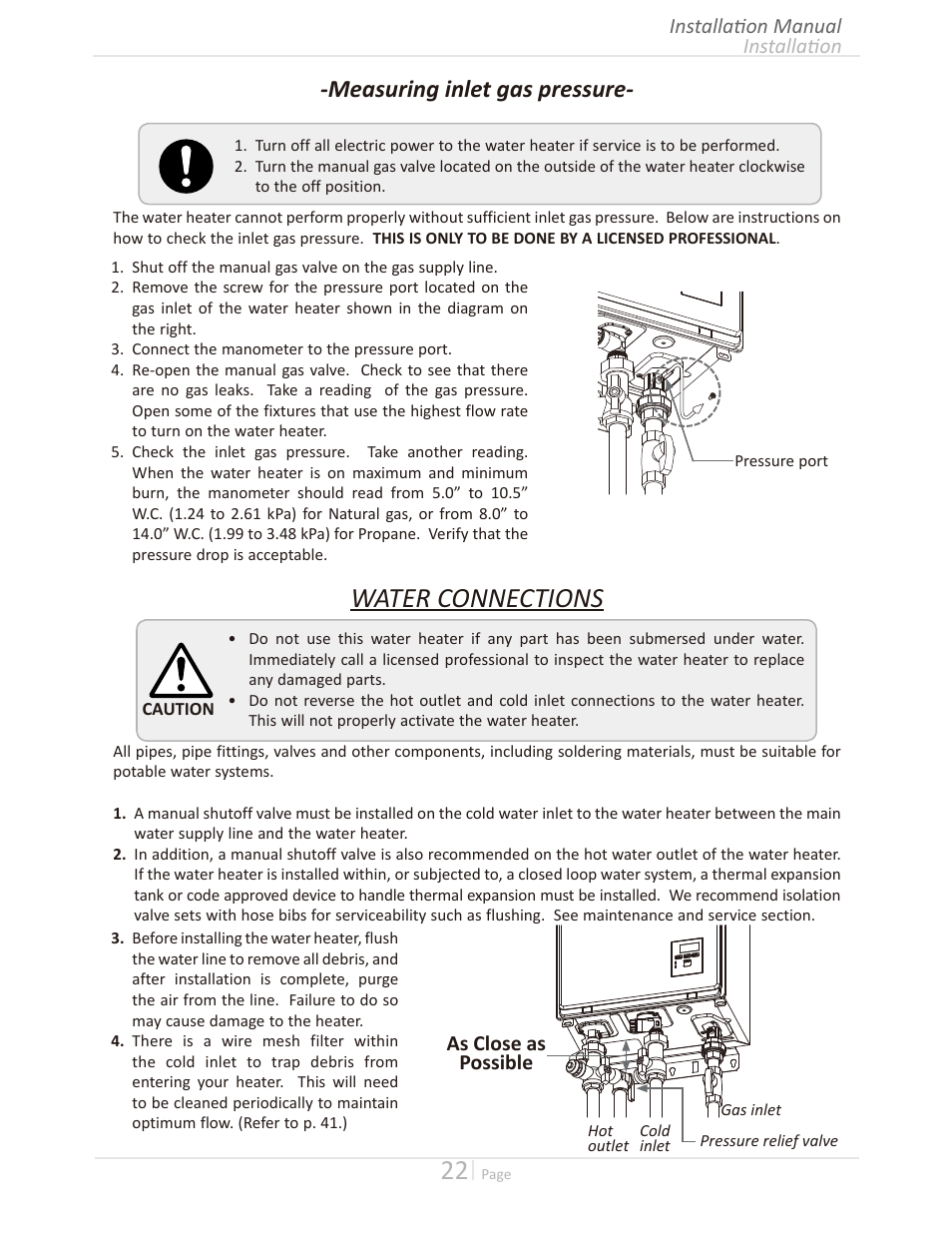 Water connections, Measuring inlet gas pressure | Takagi T-H3M-IN/OS User Manual | Page 22 / 56