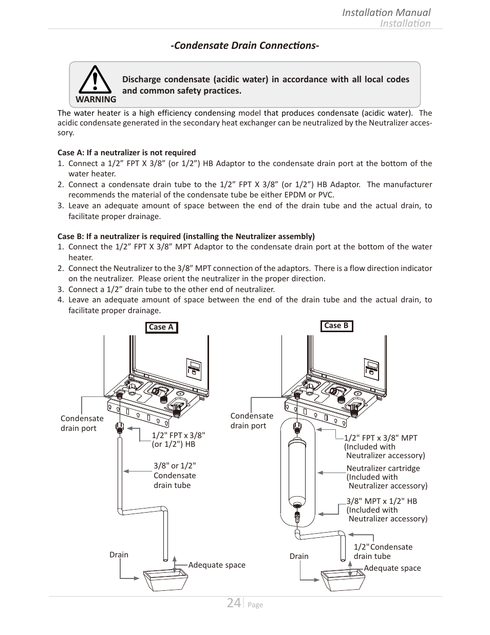 Installation installation manual, Condensate drain connections | Takagi T-H3M-IN/OS User Manual | Page 24 / 56