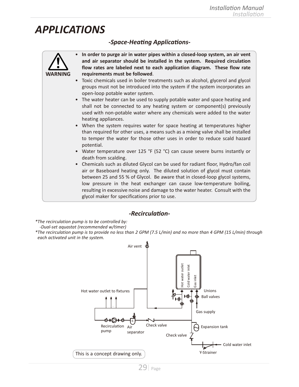 Applications, Installation installation manual, Space-heating applications- -recirculation | Takagi T-H3M-IN/OS User Manual | Page 29 / 56