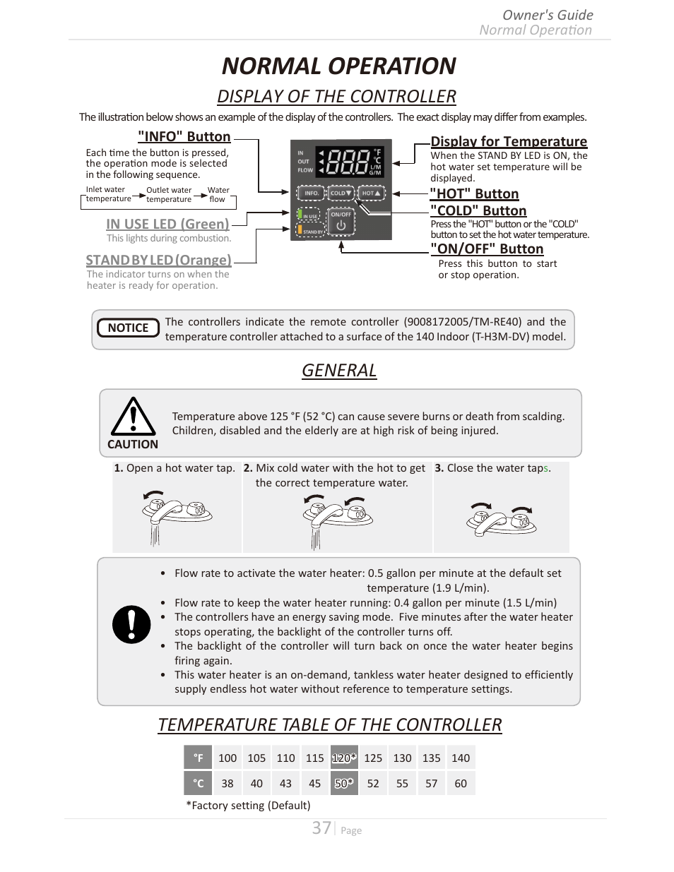 Normal operation, Display of the controller, General | Temperature table of the controller | Takagi T-H3M-IN/OS User Manual | Page 37 / 56