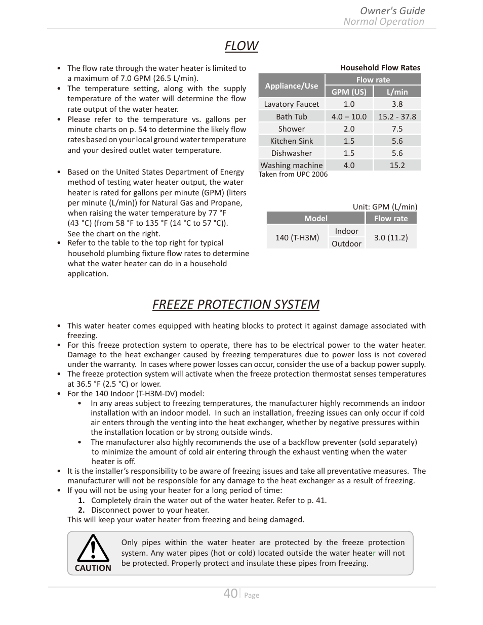 Flow, Freeze protection system, Normal operation owner's guide | Takagi T-H3M-IN/OS User Manual | Page 40 / 56