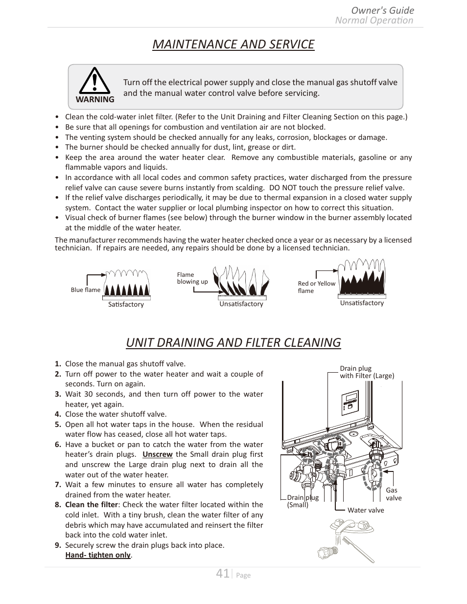 Maintenance and service, Unit draining and filter cleaning, Normal operation owner's guide | Takagi T-H3M-IN/OS User Manual | Page 41 / 56