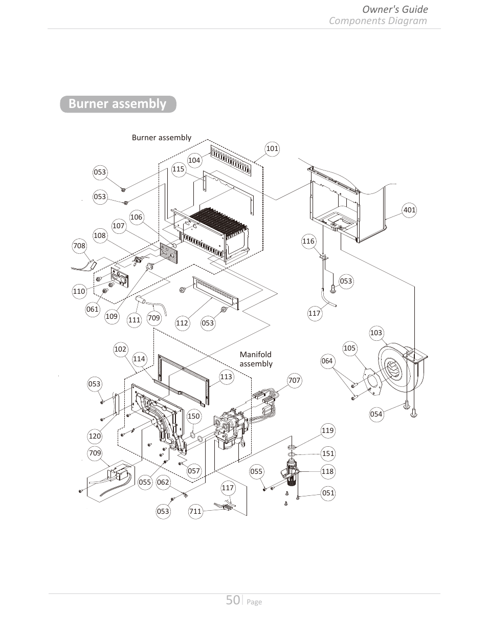 Burner assembly, Components diagram owner's guide | Takagi T-H3M-IN/OS User Manual | Page 50 / 56