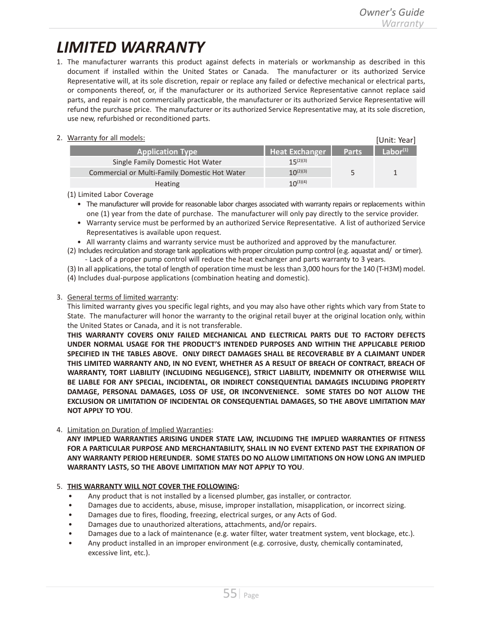 Limited warranty, Warranty owner's guide | Takagi T-H3M-IN/OS User Manual | Page 55 / 56