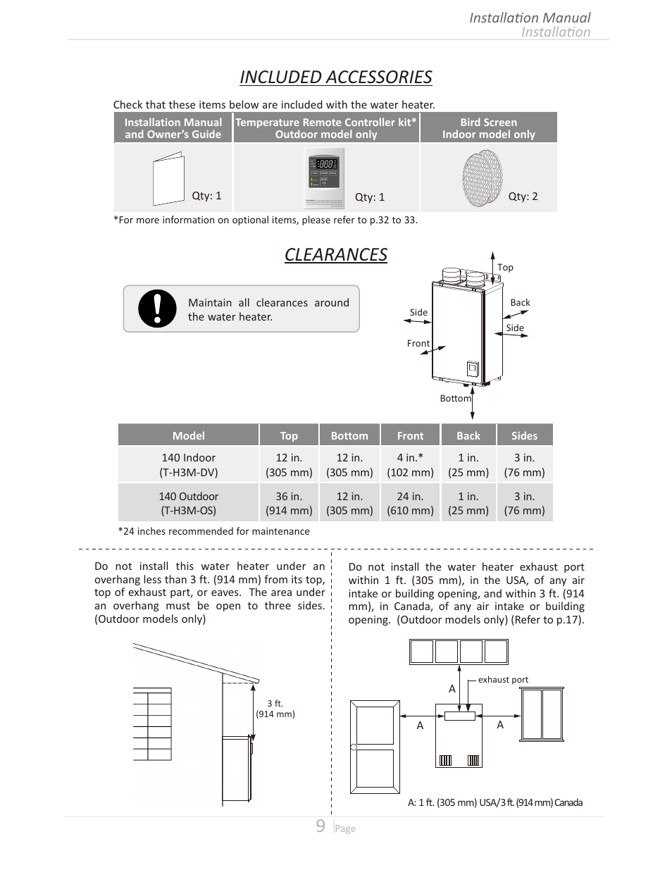 Included accessories, Clearances, Installation installation manual | Takagi T-H3M-IN/OS User Manual | Page 9 / 56