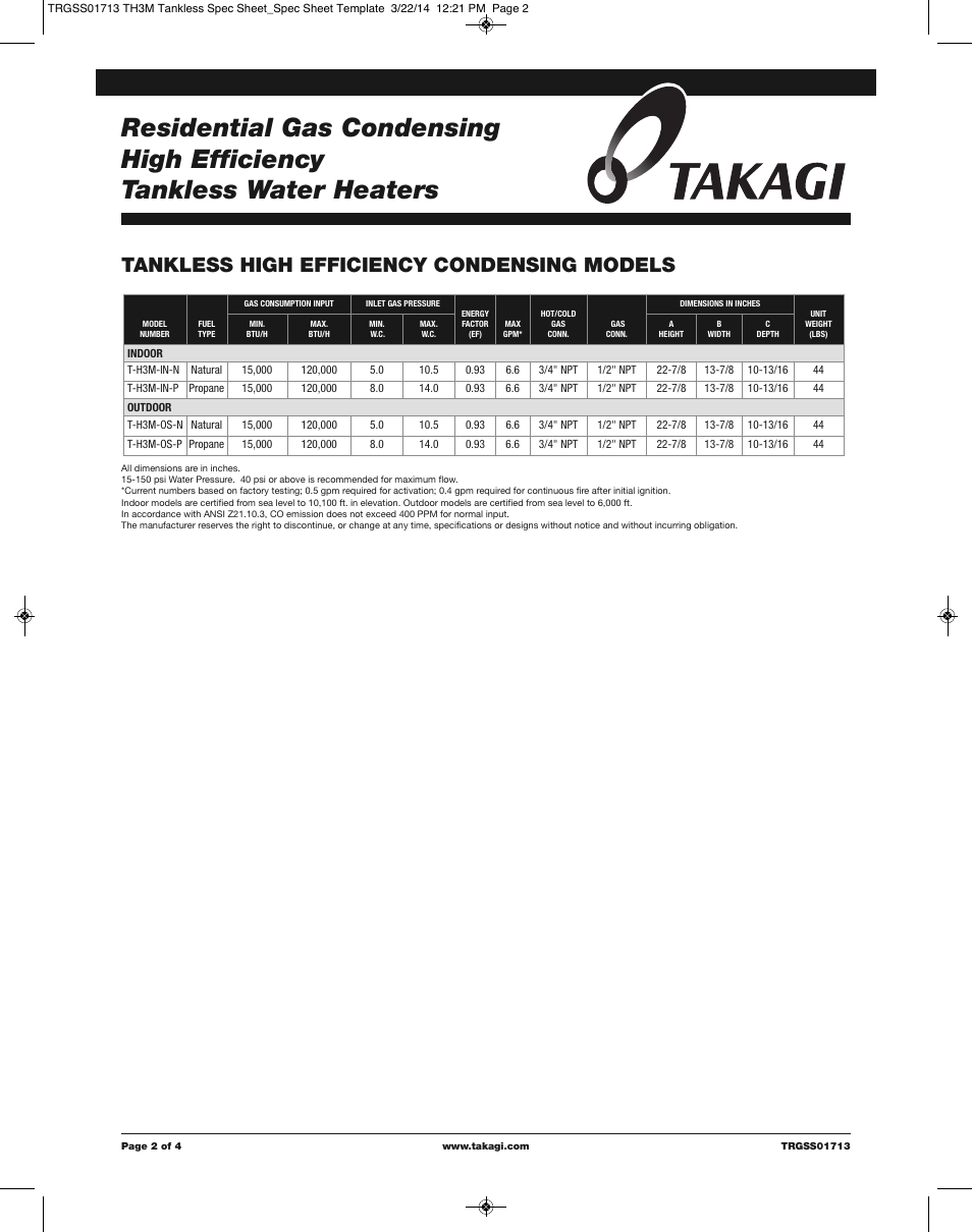 Tankless high efficiency condensing models | Takagi T-H3M-IN/OS User Manual | Page 2 / 4