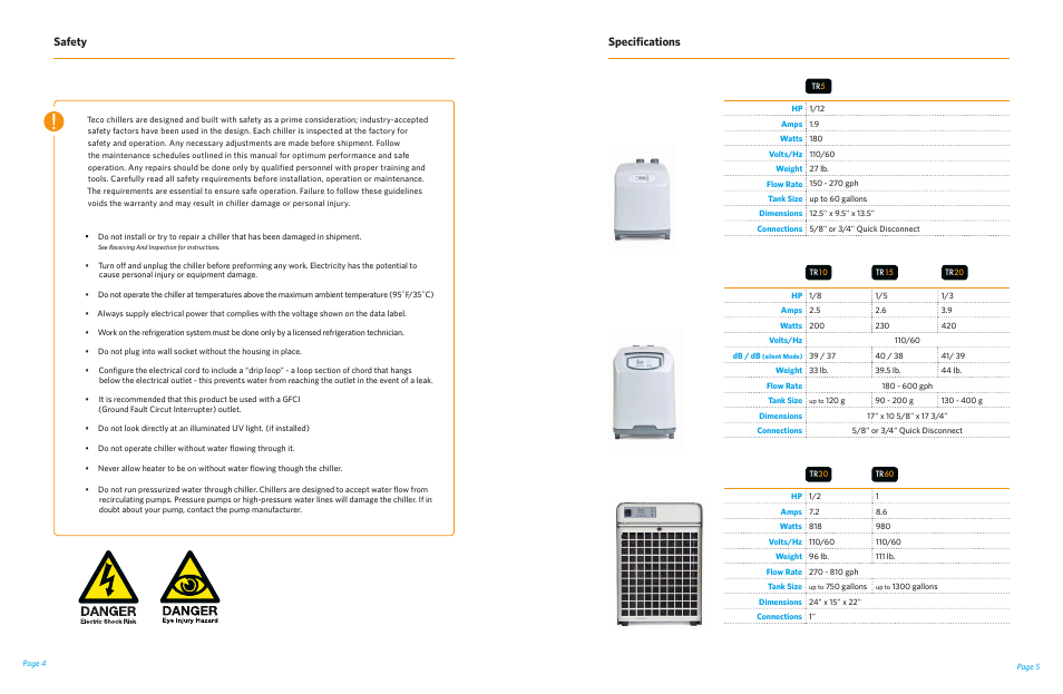 Specifications, Safety | Teco US TR5-60 User Manual | Page 3 / 13