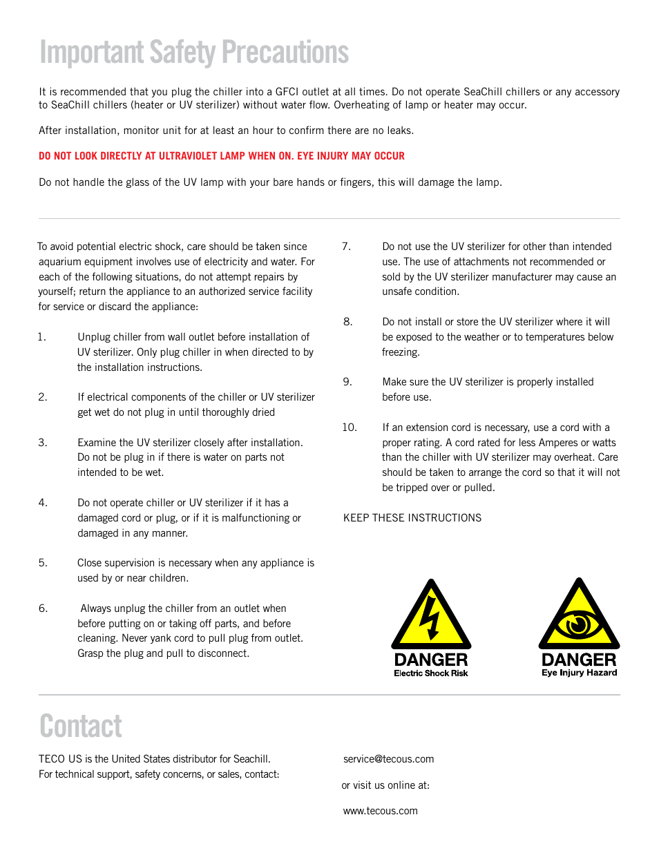 Important safety precautions contact | Teco US TR20 User Manual | Page 2 / 15