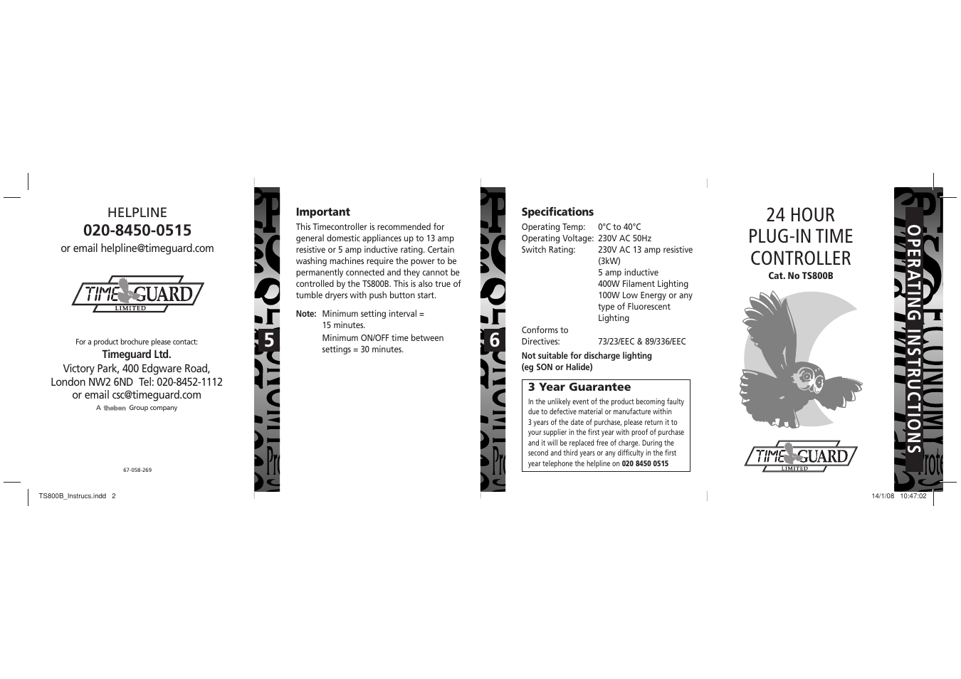 24 hour plug-in time controller, Opera ting instructions | Timeguard TS800B User Manual | Page 8 / 8