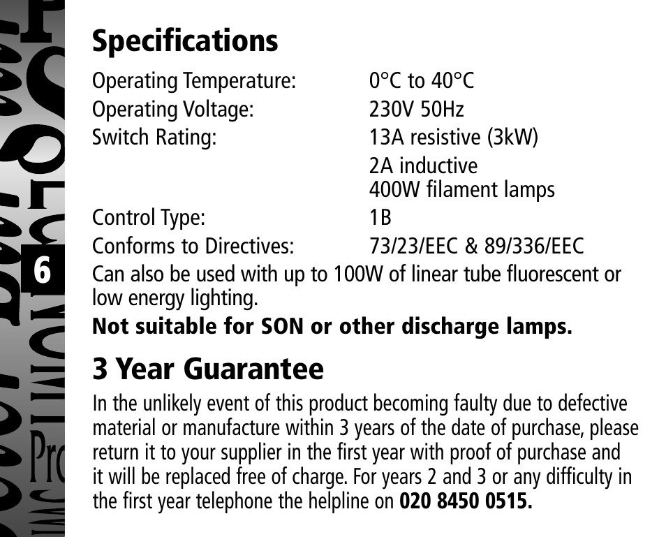 Specifications, 3 year guarantee | Timeguard TG24B User Manual | Page 7 / 8