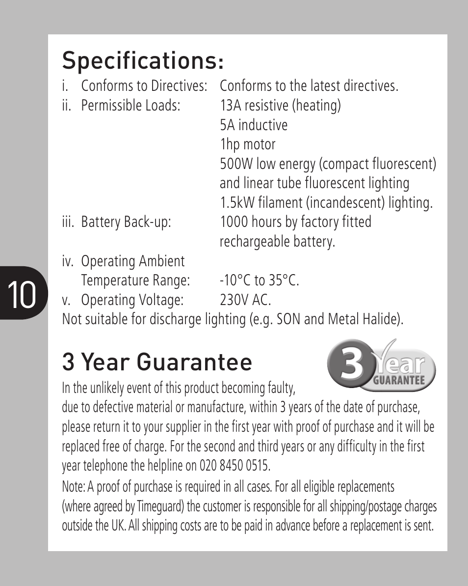 3 year guarantee, Specifications | Timeguard ETU17 User Manual | Page 11 / 12