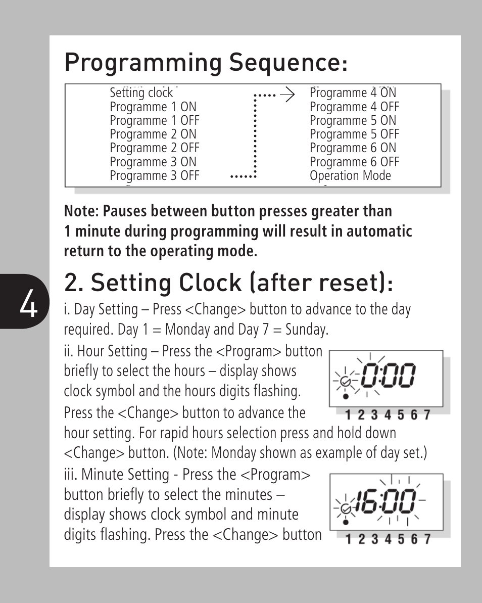 Setting clock (after reset), Programming sequence | Timeguard ETU17 User Manual | Page 5 / 12