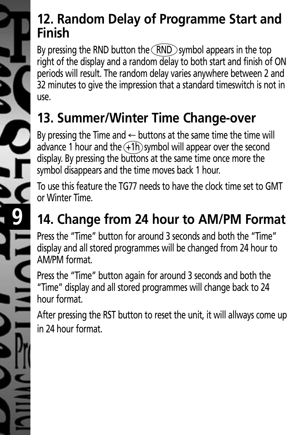 Random delay of programme start and finish, Summer/winter time change-over, Change from 24 hour to am/pm format | Timeguard TG77 User Manual | Page 10 / 12